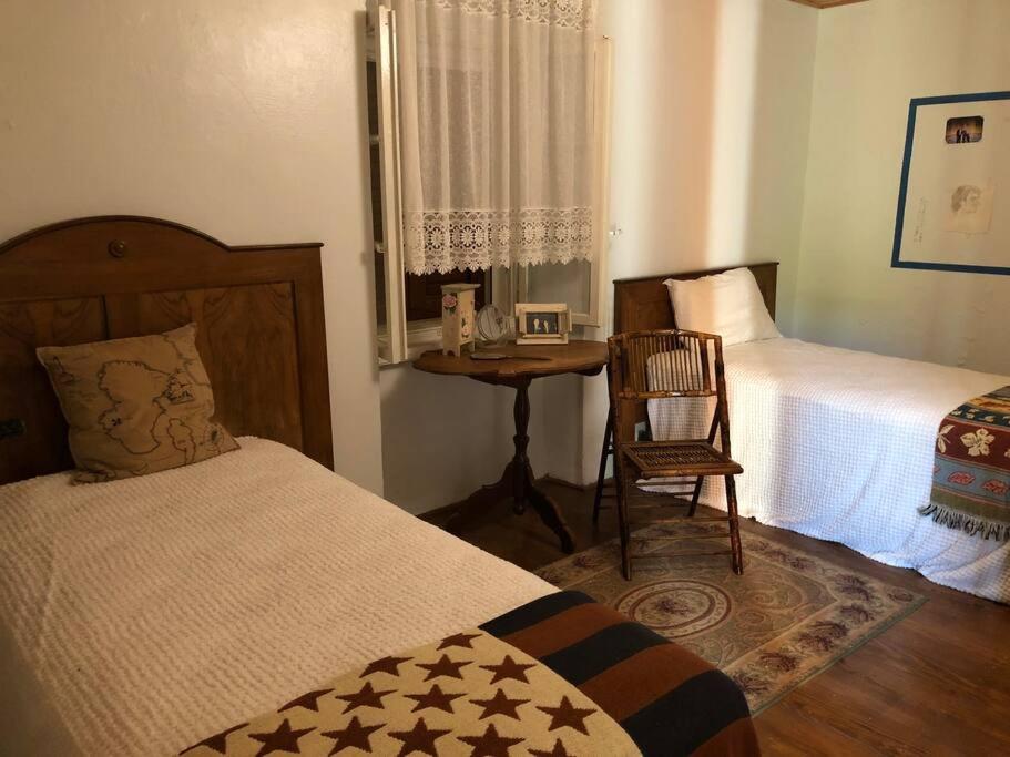 1 Schlafzimmer mit 2 Betten, einem Tisch und einem Stuhl in der Unterkunft Authentic Vila Nona by NYC Interior Architect in Susak