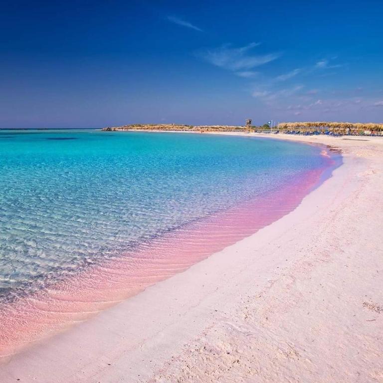 a beach with pink sand and the blue water at heaven suite elafonisi in Elafonisi