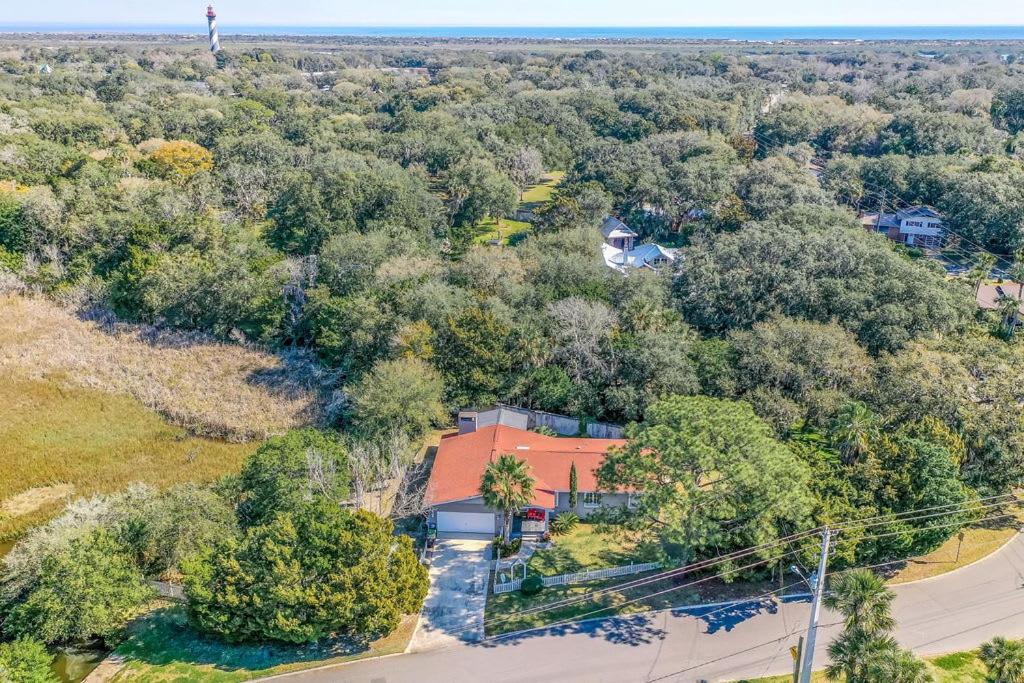 an overhead view of a house with an orange roof at Marsh Front Birders Paradise Close to Beaches and Downtown in Saint Augustine