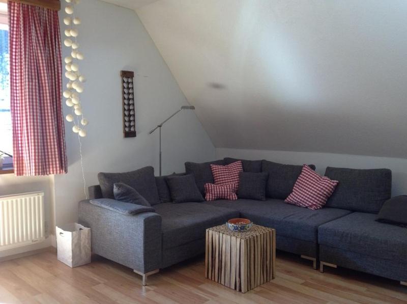 a living room with a blue couch and a table at Appartement Hardenack in Innerkrems