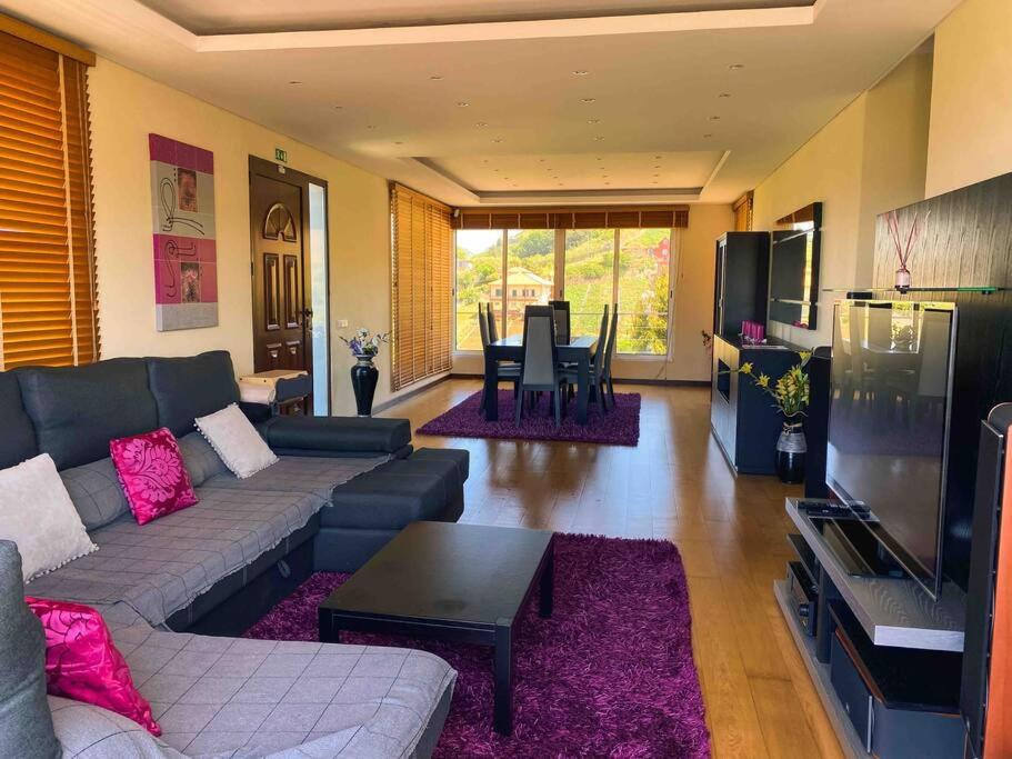 un soggiorno con divano, TV e tavolo di Brazão Guest House a Santana