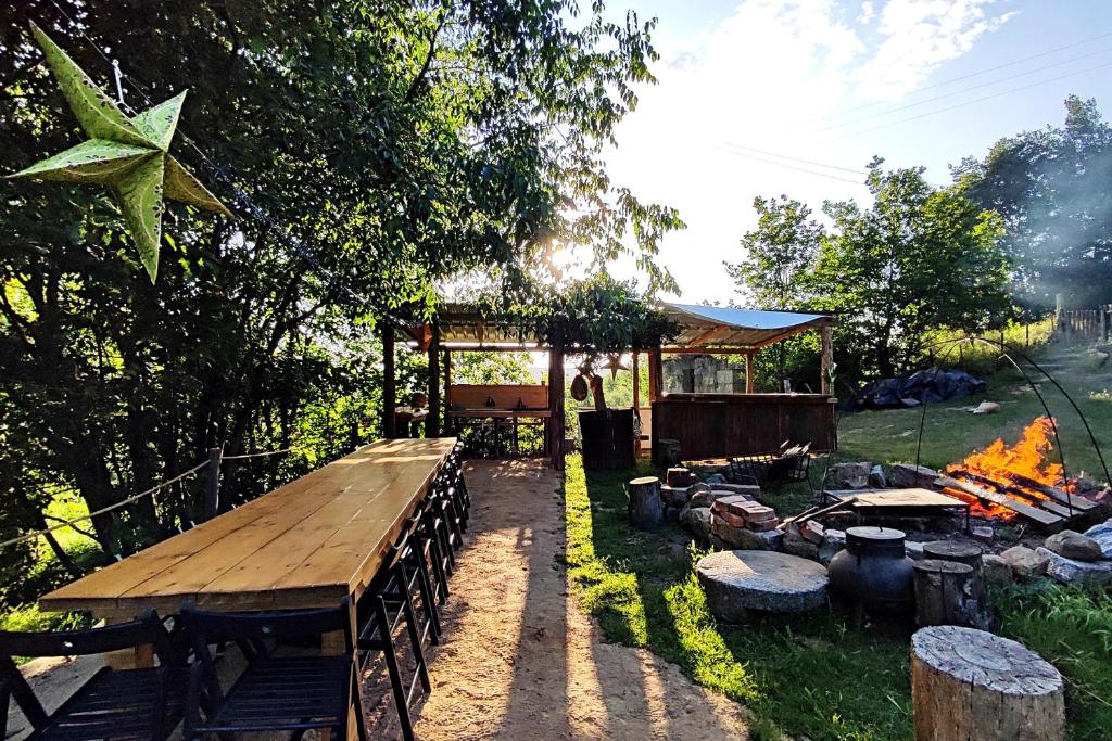 a picnic table and a grill in a yard at Verde Água Agroturismo e Agricultura Biológica in Couto