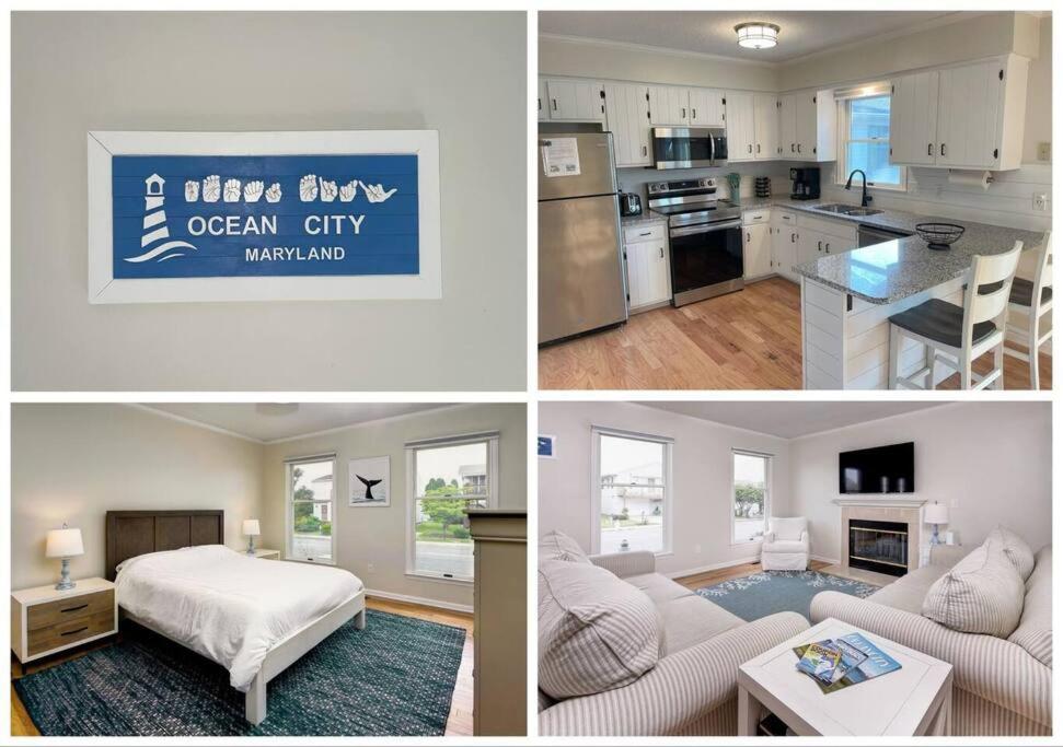 uma colagem de fotos de uma cozinha e uma sala de estar em Charming Family Home 7 mins to Beach Dog Friendly em Ocean City