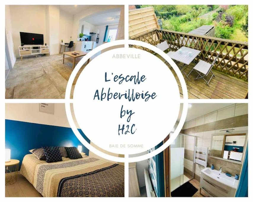 a collage of photos of a bedroom and a living room at L’escale Abbevilloise by H2C in Abbeville