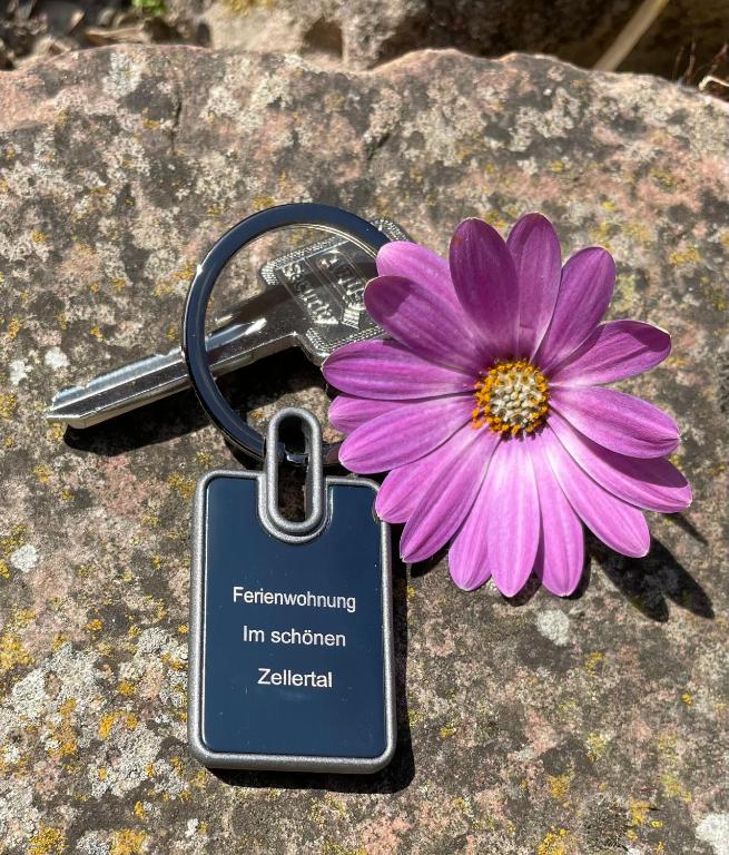 a key chain with a purple flower on a rock at Ferienwohnung im schönen Zellertal in Wachenheim