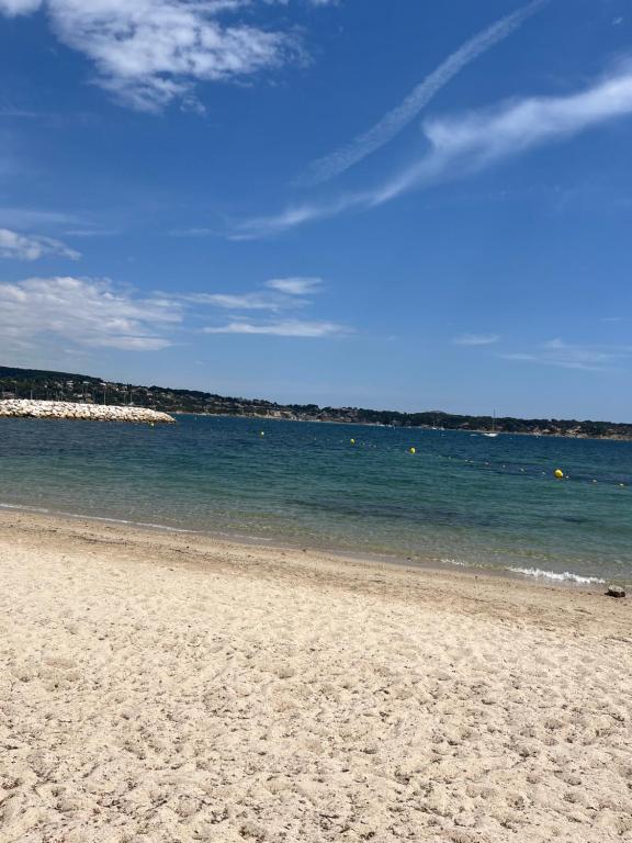 une plage de sable avec l'océan en arrière-plan dans l'établissement A Pied du Port de Bandol et de sa Plage, à Bandol