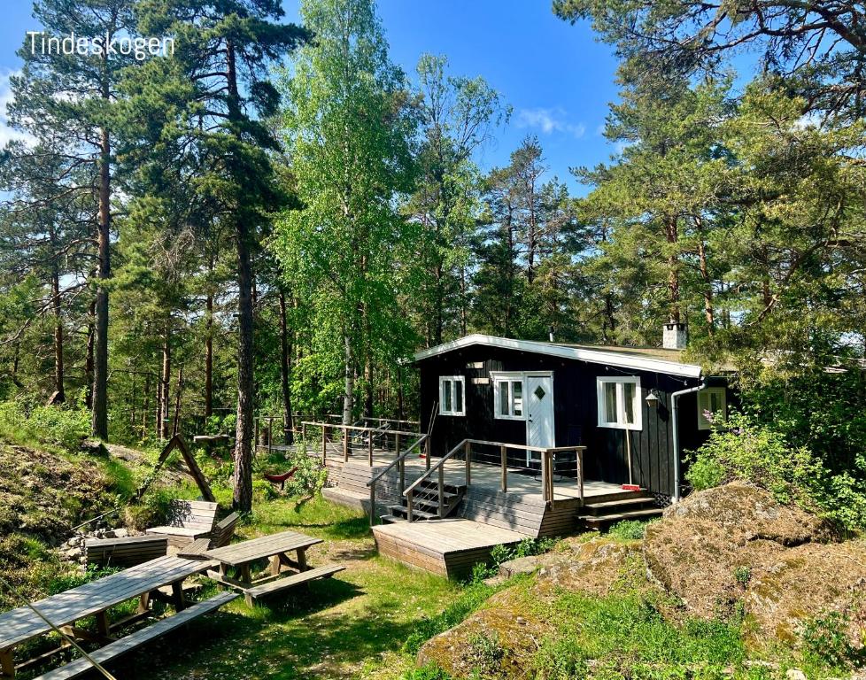 uma cabana na floresta com uma mesa de piquenique e bancos em Summer Cabin Nesodden sauna, ice bath tub, outdoor bar, gap hut em Brevik