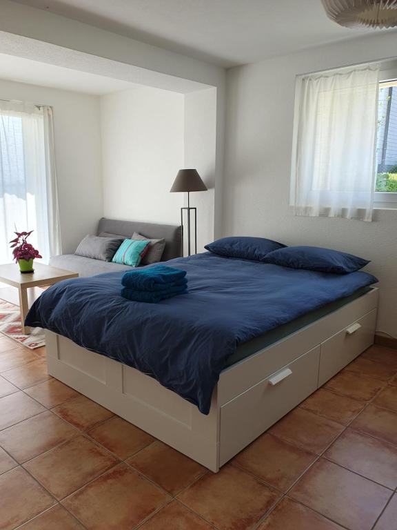 a bedroom with a large bed with blue sheets at Magnifique Studio à louer in Evilard