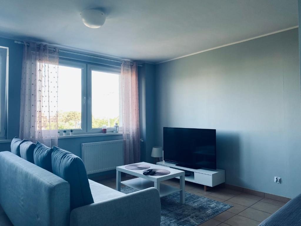 a living room with a couch and a tv at Słoneczny apartament nad zatoką in Gdańsk