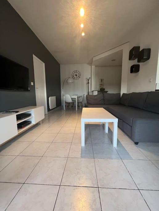 a living room with a couch and a table at Appartement T2 avec terrasse in Marignane