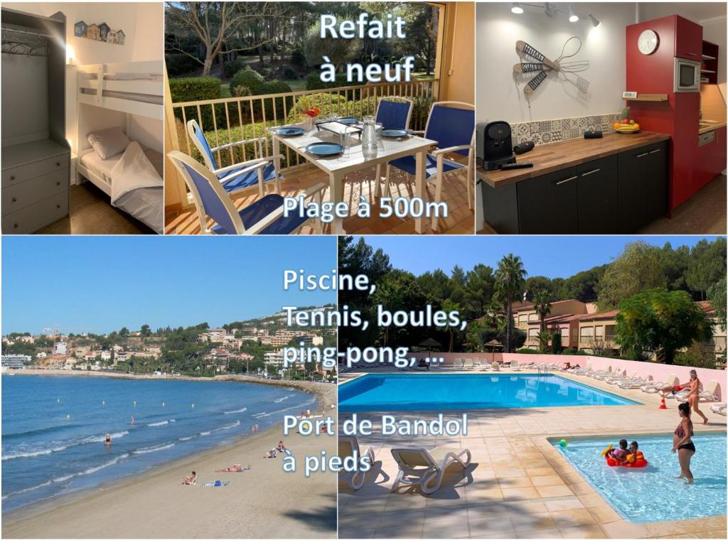 eine Collage mit Bildern eines Resorts mit einem Pool in der Unterkunft Sanary Bandol Piscine Plage Calme in Sanary-sur-Mer
