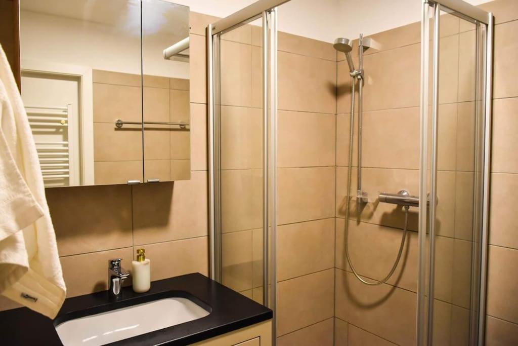 a bathroom with a shower and a sink at Brand-new, central apartment w/ VIEWS in Bad Gastein