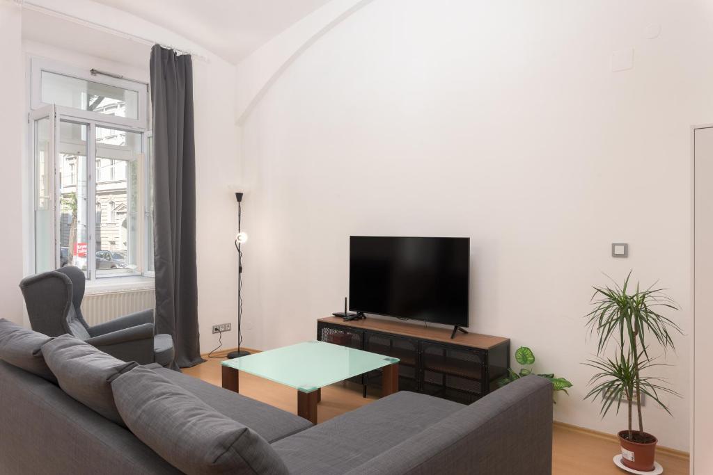 a living room with a couch and a flat screen tv at Spacious APT in Perfect Location for Family 24h Check-in in Vienna