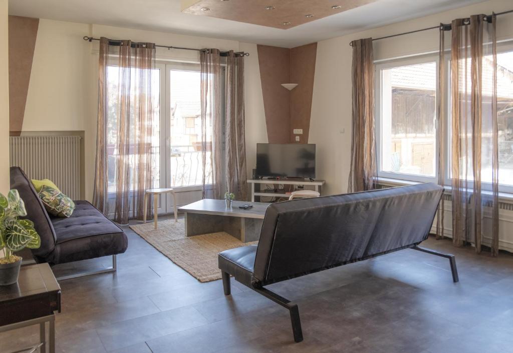 un salon avec un canapé et une télévision dans l'établissement Nouveau - L'Entre Nous - Europa Park, à Huttenheim