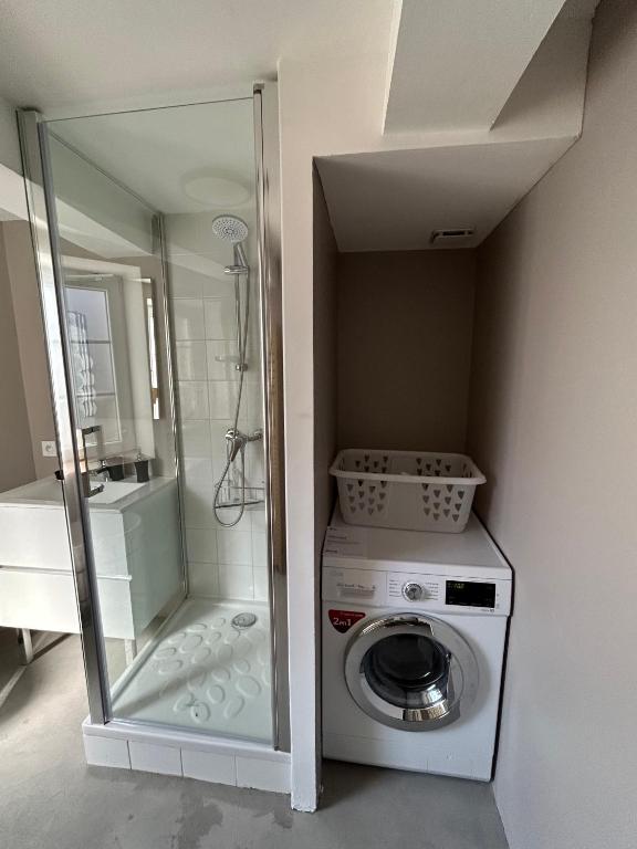 a washing machine in a bathroom with a shower at Sur le Pont in Vaison-la-Romaine