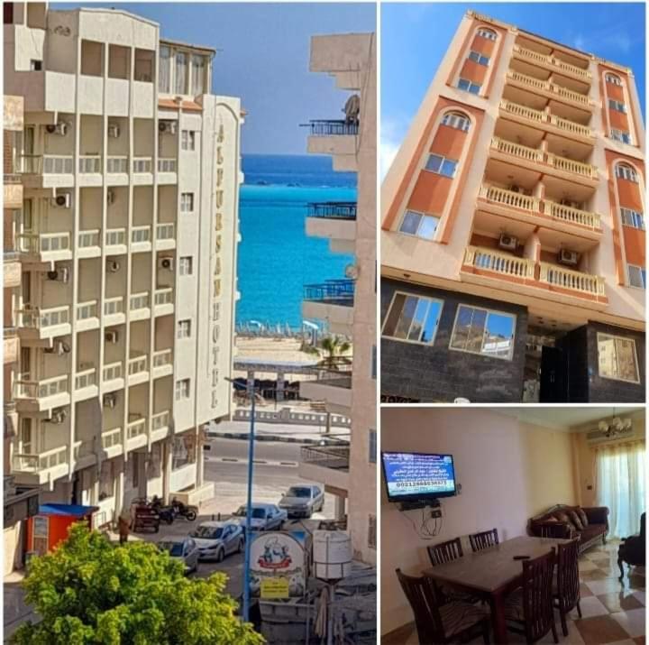 three pictures of a building with a view of the ocean at برج قصر السعد للشقق الفندقية in Marsa Matruh