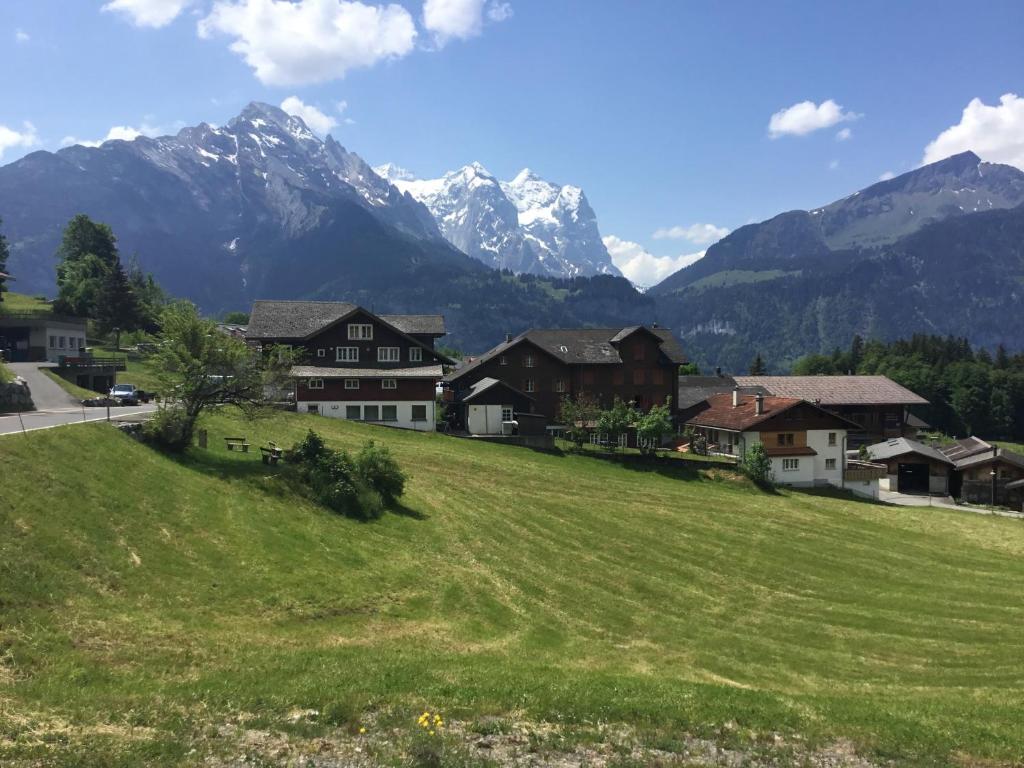 a green field with houses and mountains in the background at Ritterstübli in Hasliberg