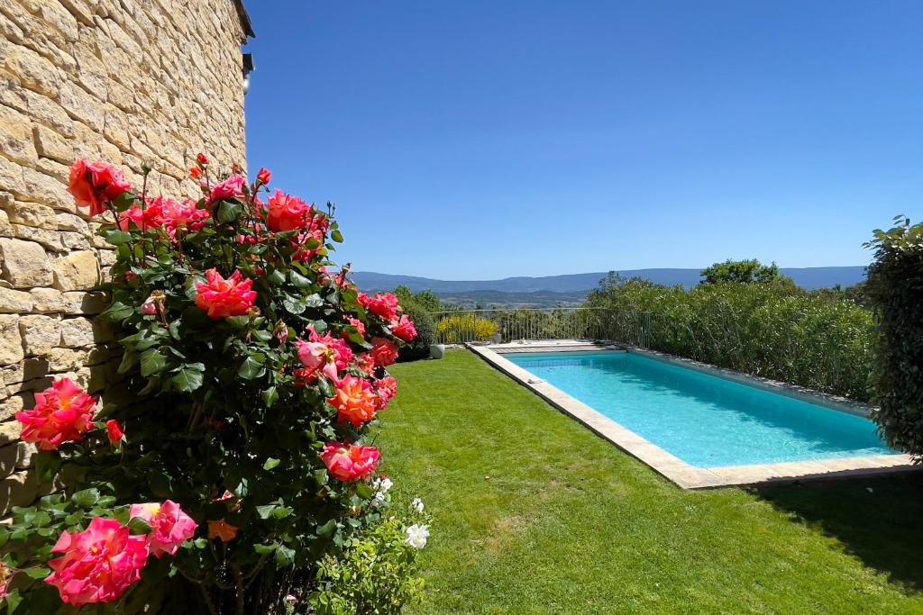 a garden with a swimming pool and red roses at Mas La Bellevue in Murs