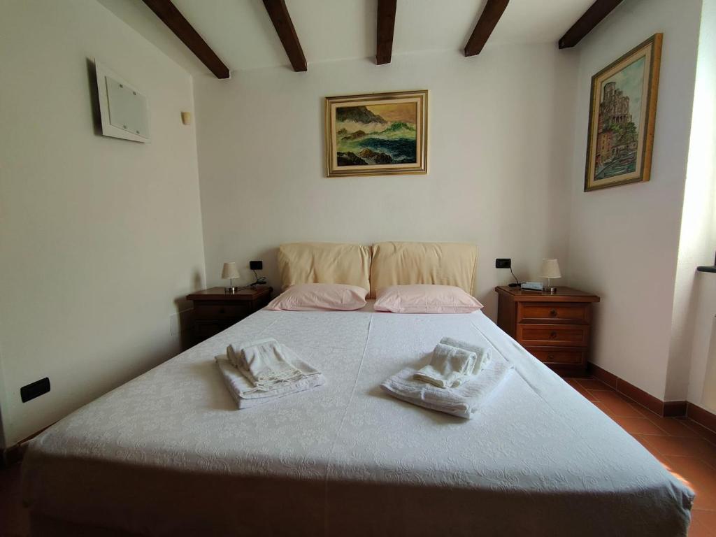 ein Schlafzimmer mit einem Bett mit zwei Kissen darauf in der Unterkunft Appartamento Buon Vento in Levanto