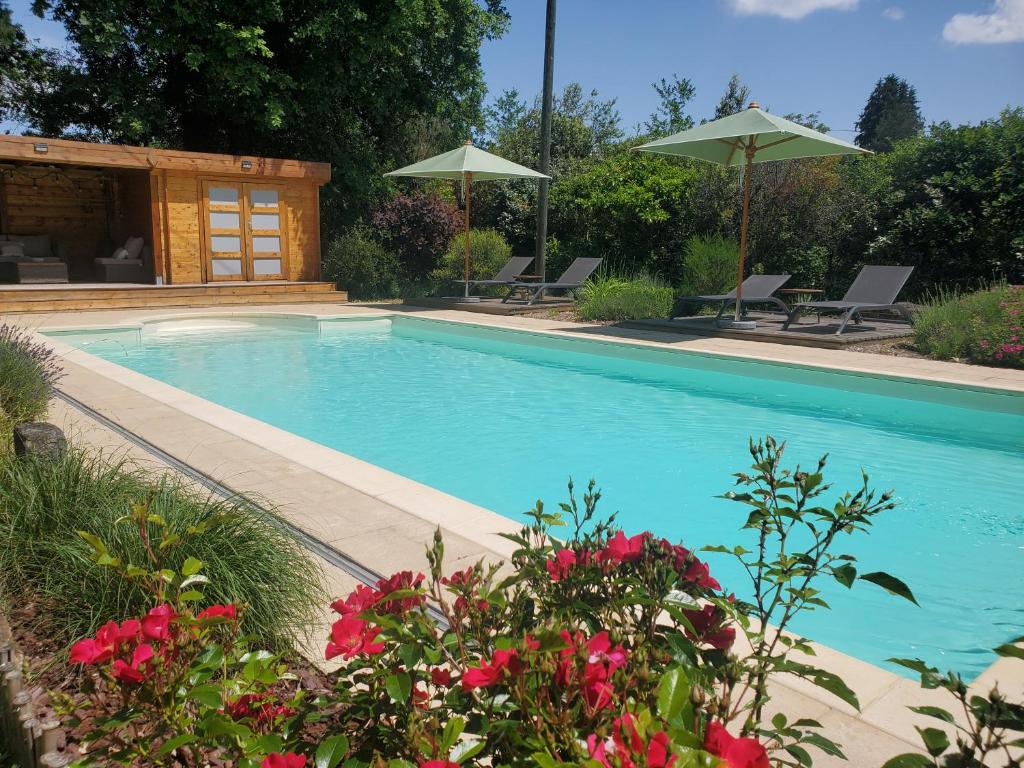 una piscina con sillas, sombrillas y flores en Aux Couleurs d'Esteil en Sainte-Nathalène
