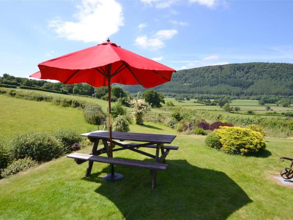 ランウストにあるHoliday Home Conwy Valley View by Interhomeの野原の小傘付きピクニックテーブル