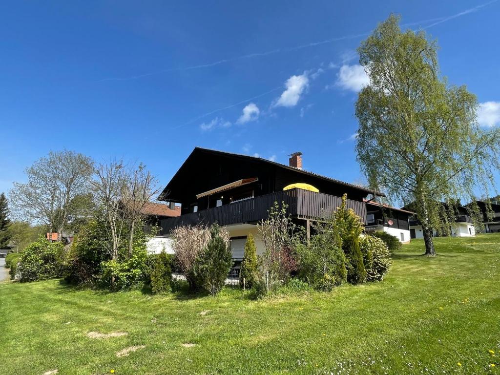 a house with a black roof on a green field at Apartment Am Hohen Bogen-26 by Interhome in Arrach