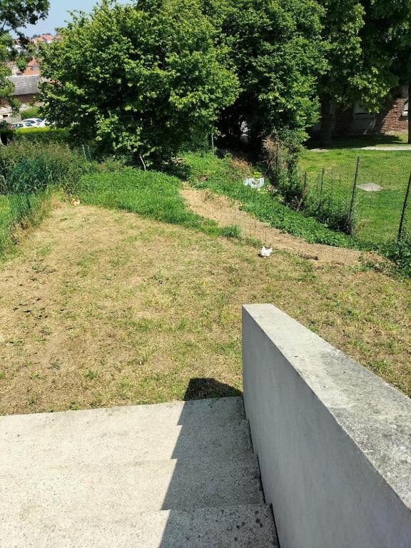 a concrete wall in a park with a field at La petite trapue in Desvres