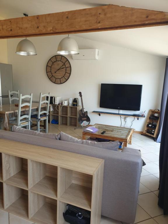 a living room with a couch and a tv at Canal du Midi Argeliers Gîte 4 personnes in Argeliers