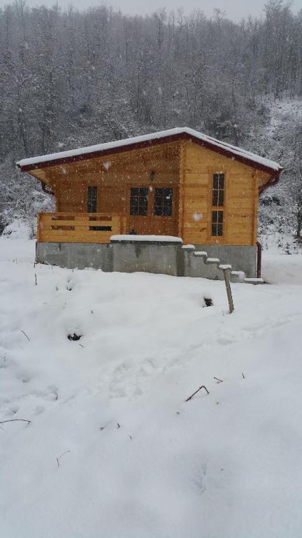 una cabaña de madera con nieve delante en Milica 2 en Crni Vrh