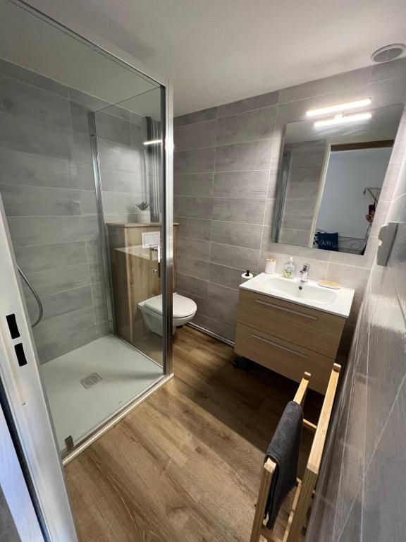 łazienka z prysznicem, toaletą i umywalką w obiekcie Petite maison de vacances au bord de l'eau w mieście Leucate