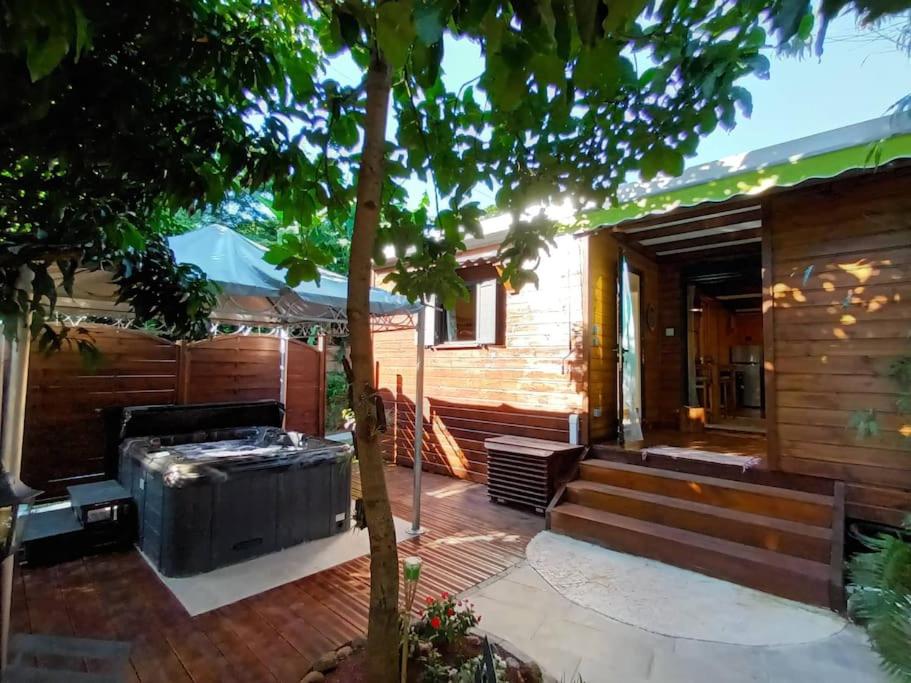 a patio with a tree and a house at Vil'Ariane in Sainte-Marie