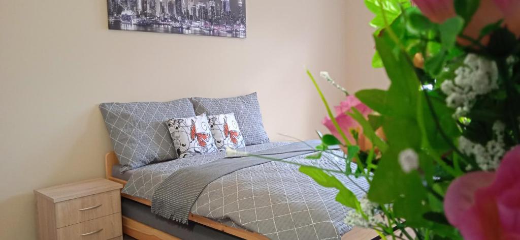 薩札瓦河畔萊代奇的住宿－Apartmány Ledeč，一间卧室配有一张带灰色棉被和枕头的床