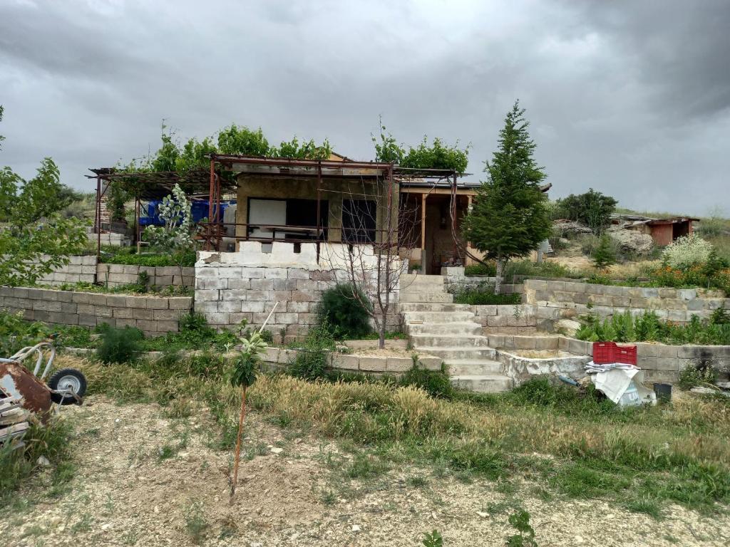 a house with concrete steps in front of it at cave house(Kır evi) 