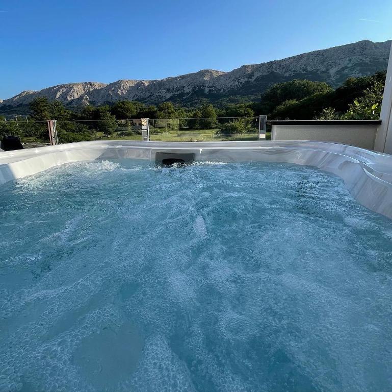 a large pool of water with mountains in the background at Villa San Antonio in Baška
