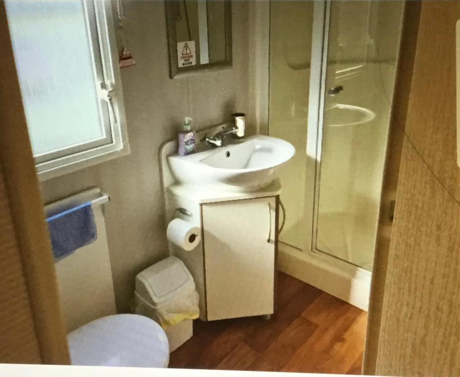 a small bathroom with a sink and a shower at Rio Plot F in Torquay