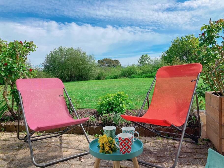 2 Stühle und ein Tisch mit Blumen auf der Terrasse in der Unterkunft Au Ti Menhir * 2 à 4 vacanciers * Piscine * WIFI in Carnac