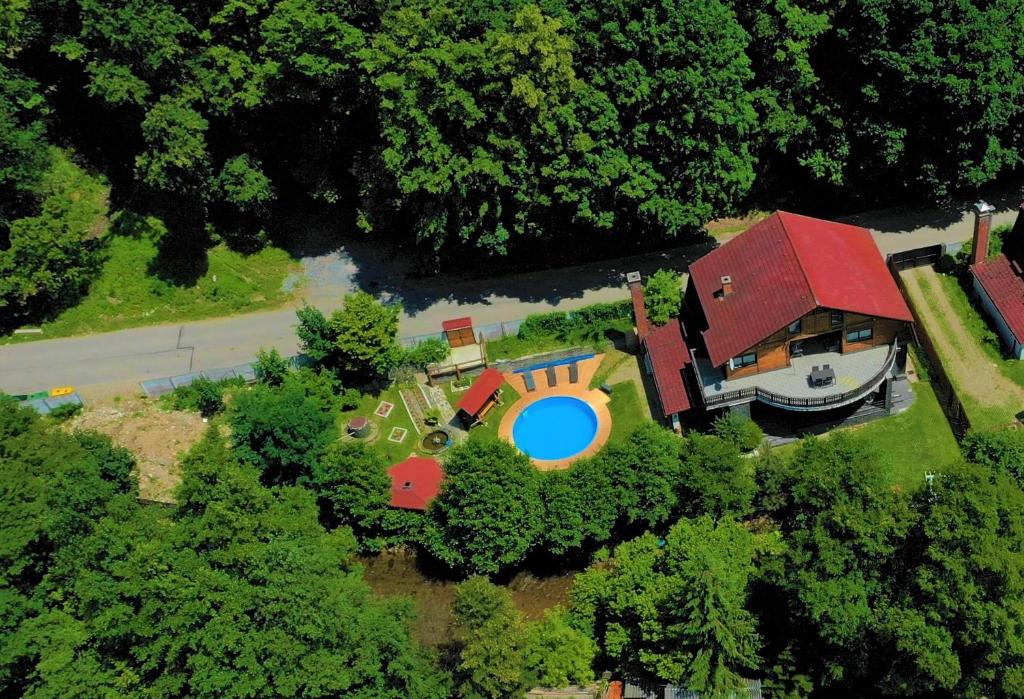 eine Luftansicht eines Hauses mit Garten und Pool in der Unterkunft Casa River in Băişoara