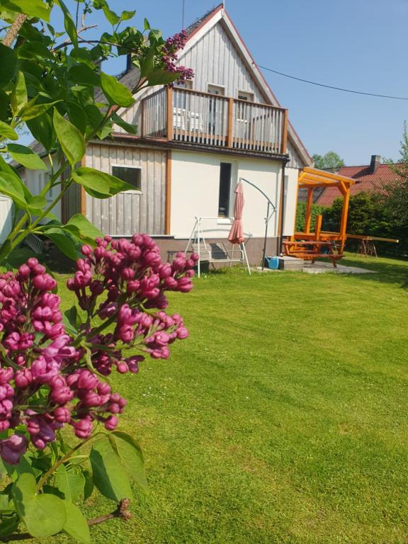 una casa con un patio con flores rosas en Chalupa Pasečná, en Přední Výtoň