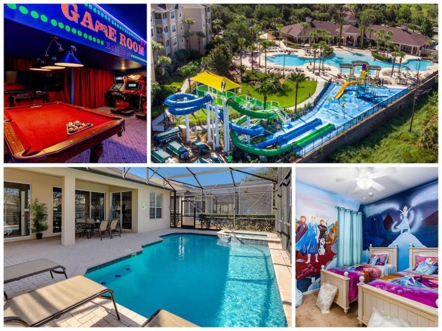 un collage de quatre photos d'un parc aquatique dans l'établissement Disney Area Villa w/Pool Heat Included Featuring, à Orlando