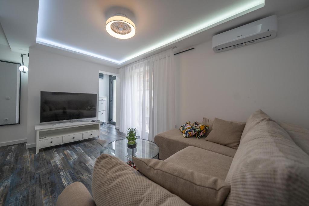 een woonkamer met een bank en een flatscreen-tv bij Zoi apartment in Kotor