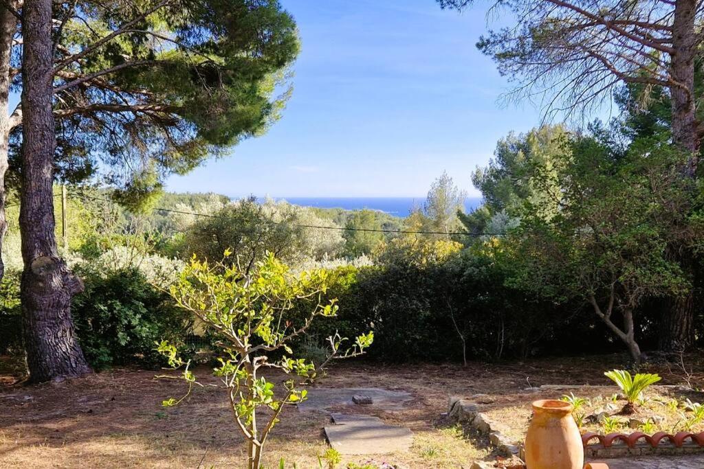 einen Garten mit Blick auf das Meer in der Ferne in der Unterkunft Villa l’oliveraie in Sanary-sur-Mer