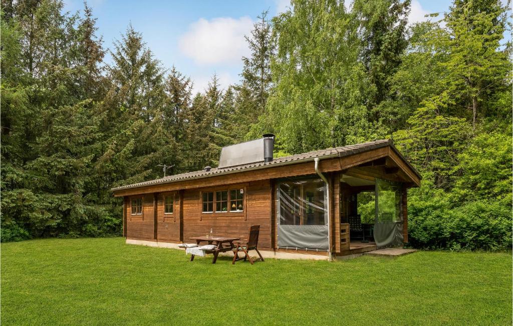 a log cabin with a picnic table in the grass at Nice Home In Herning With Wifi in Herning