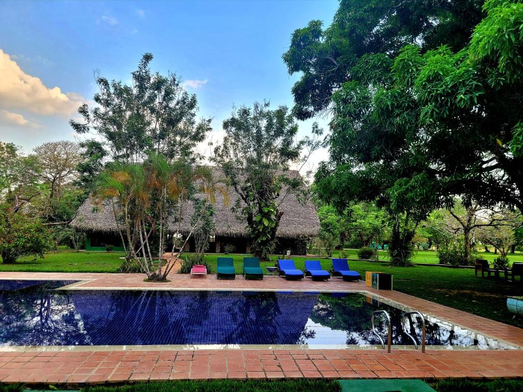 a pool with blue lounge chairs next to a house at Hato San Pablo in Guayabal