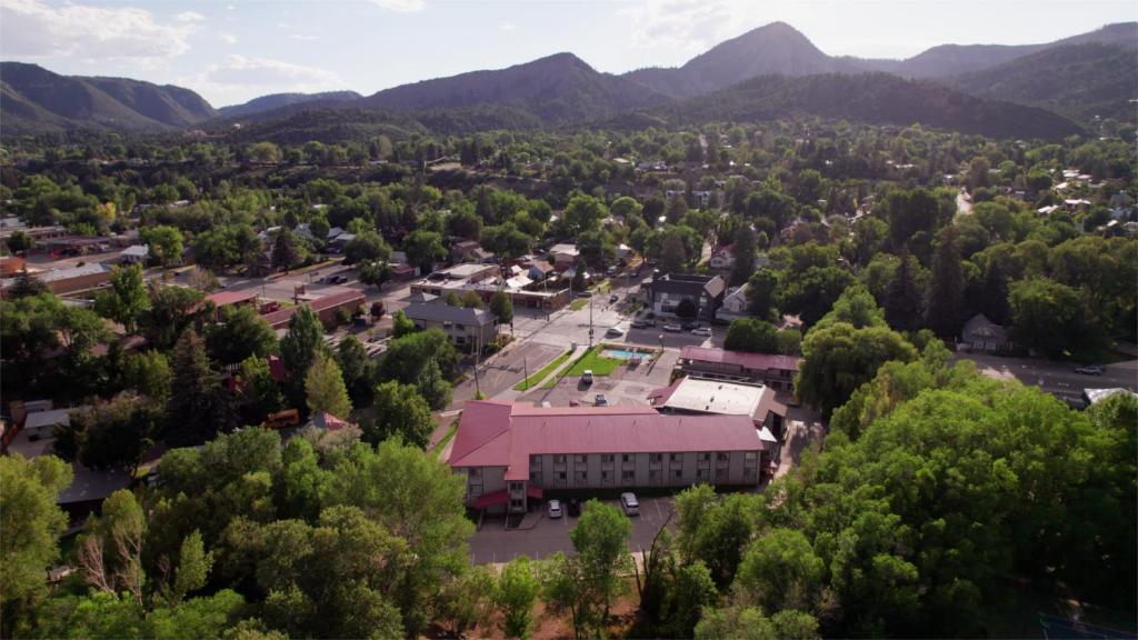 an aerial view of a small town in the mountains at The Junction Hotel and Hostel in Durango