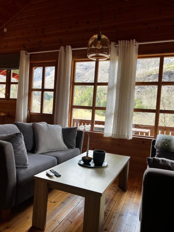 a living room with a couch and a coffee table at Gjørven Hytter in Flåm