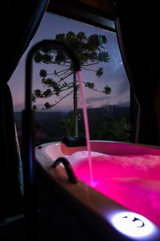 a hot pink bath tub with a pink liquid at Infinity Valley Cabanas de Altitude Urubici in Urubici
