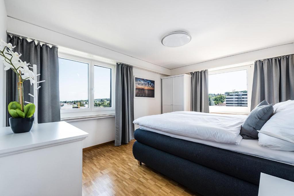 a bedroom with a large bed and two windows at Cooldis 8 !Gratis Parken, Free Parking! in Kreuzlingen