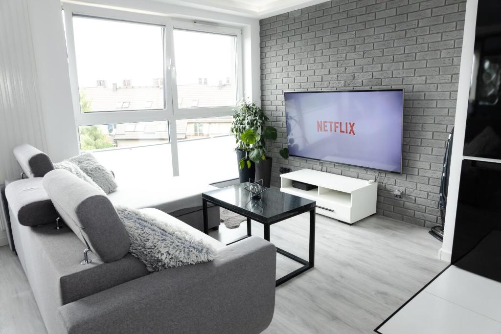 uma sala de estar com um sofá e uma televisão em Chill Apartments Jurajska Plaza Kielce Targi em Kielce