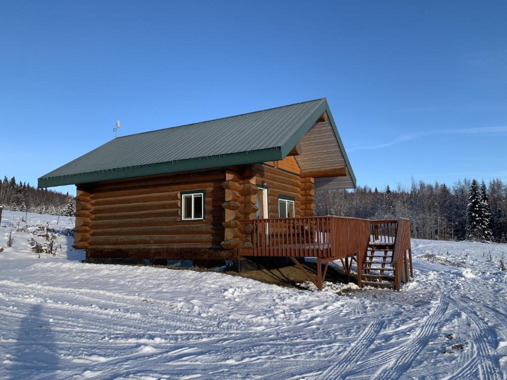 a log cabin with a green roof in the snow at Secluded Log Cabin, 30 min from Chena Hot Springs in Pleasant Valley