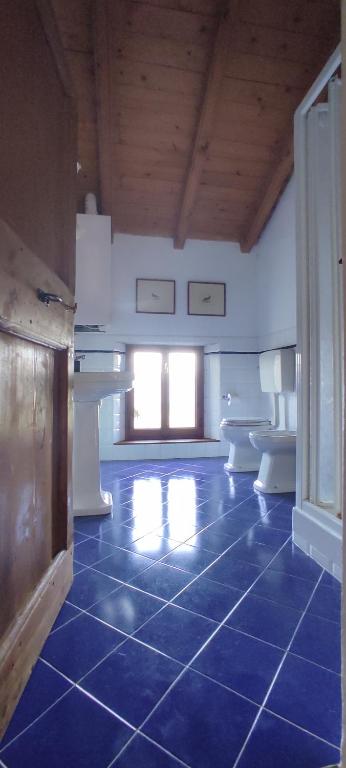 Il Monte BnB في Tazzola: غرفة كبيرة مع أرضية من البلاط الأزرق مع المراحيض